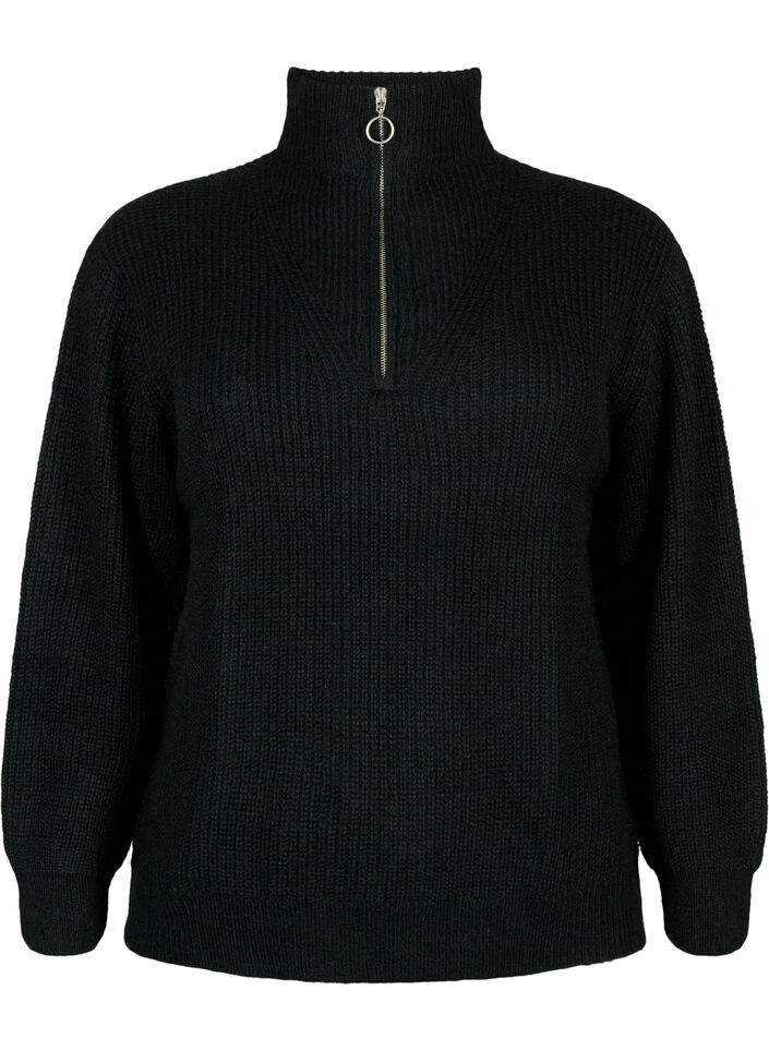 Knitted sweater with high neck and zipper, Black, Packshot image number 0