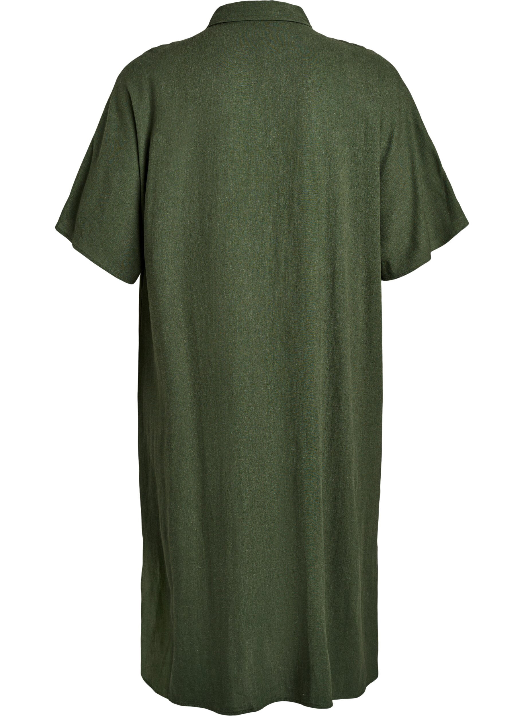 Zizzifashion Shirt dress in linen and viscose with short sleeves, Green, Packshot image number 1