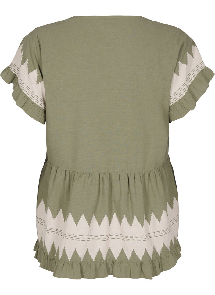 Short-sleeved blouse with ruffles and graphic pattern, Green, Packshot image number 1