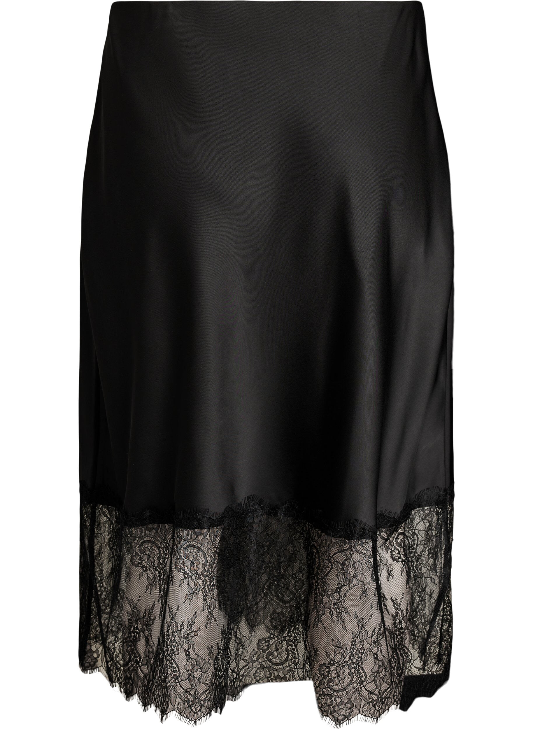 Zizzifashion Satin-look skirt with lace trim, Black, Packshot image number 1