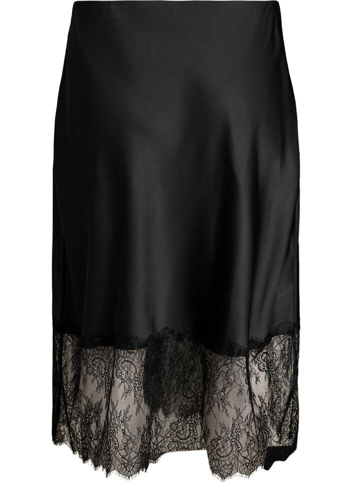 Satin-look skirt with lace trim, Black, Packshot image number 1
