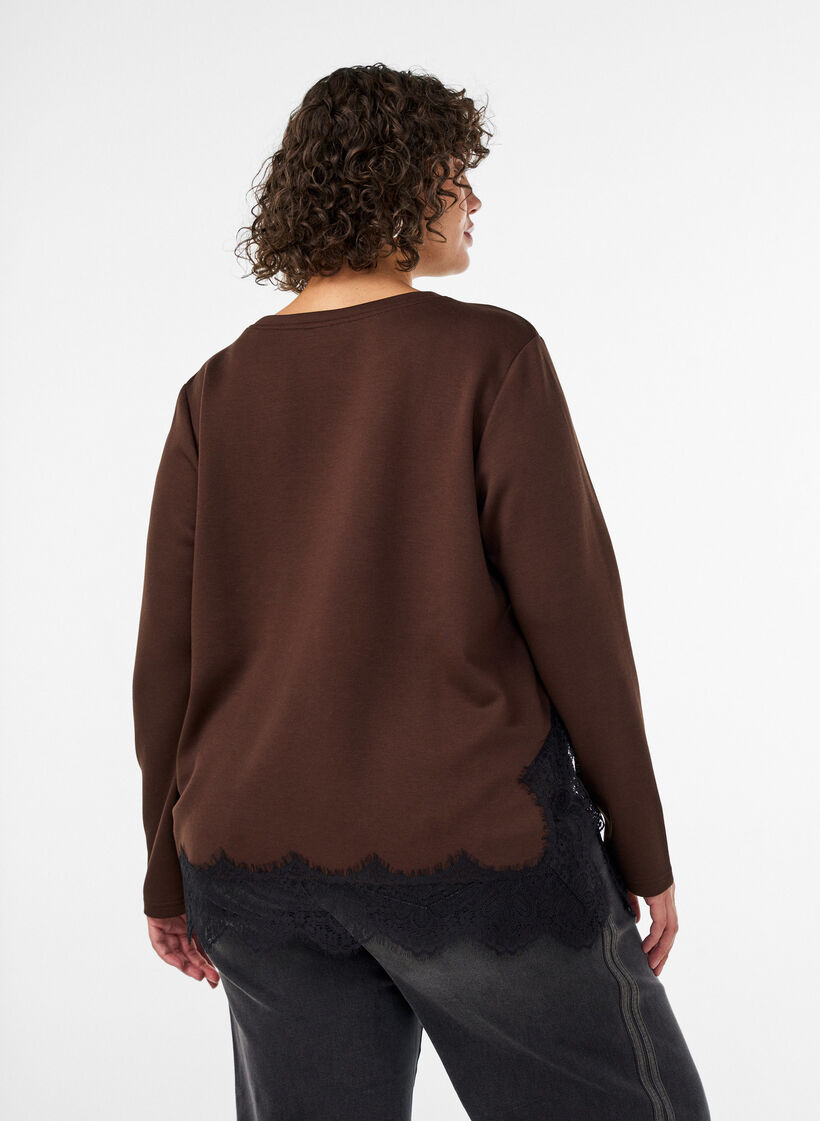 Jersey blouse with lace trim, Brown, Model image number 2