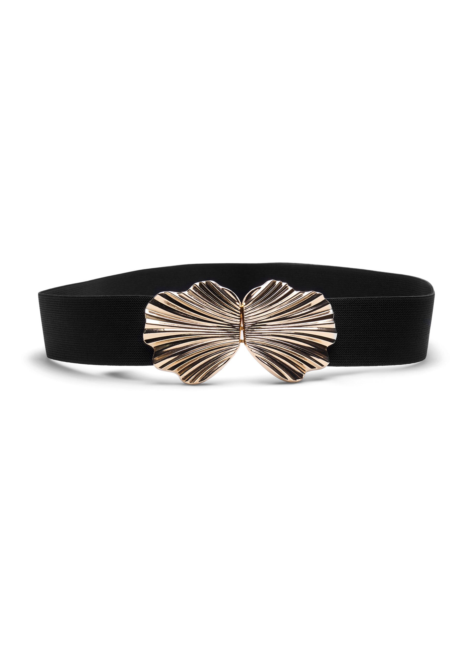 Zizzifashion Stretchy waist belt with gold-colored buckle, Black, Packshot image number 0