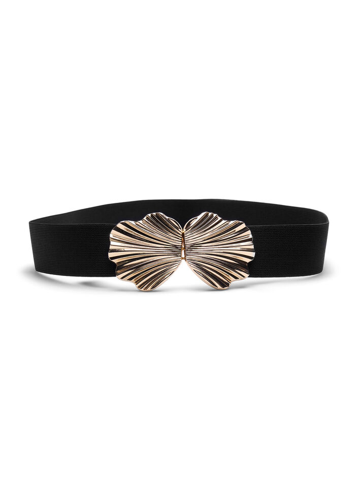 Stretchy waist belt with gold-colored buckle, Black, Packshot image number 0