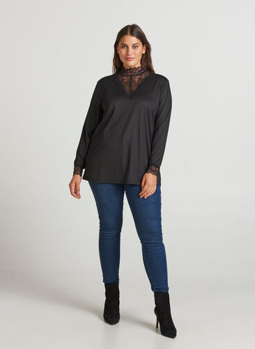 High neck blouse with lace details, Black, Model image number 0