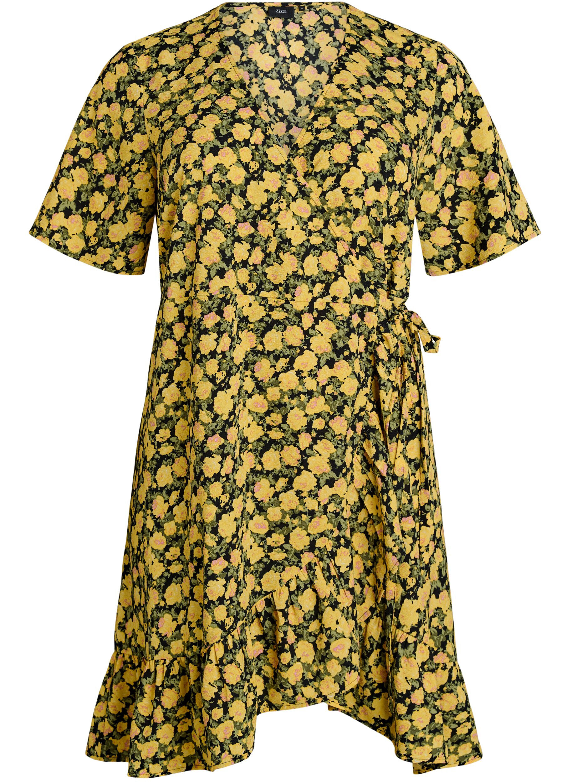 Zizzifashion Floral wrap dress with short sleeves, Yellow, Packshot image number 0