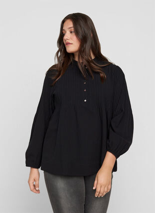 Long-sleeved blouse in cotton, Black, Model image number 0
