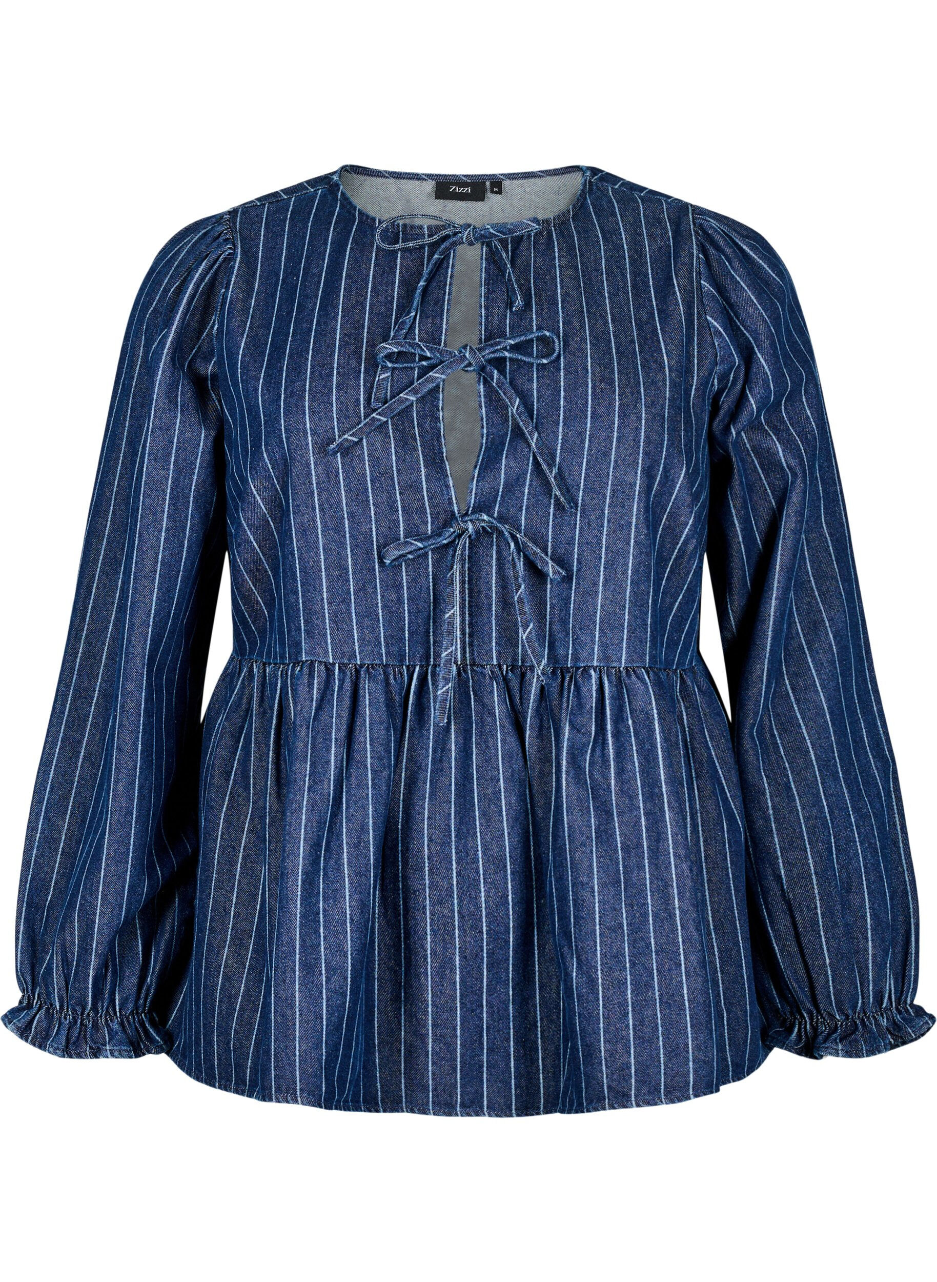 Zizzifashion Striped denim blouse with front tie, Blue, Packshot image number 0