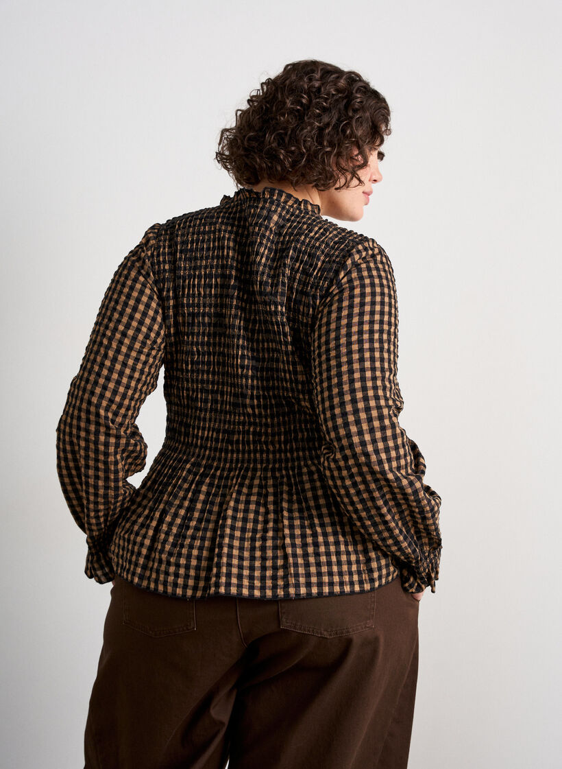 Checked blouse with smocking and peplum, Brown, Model image number 2