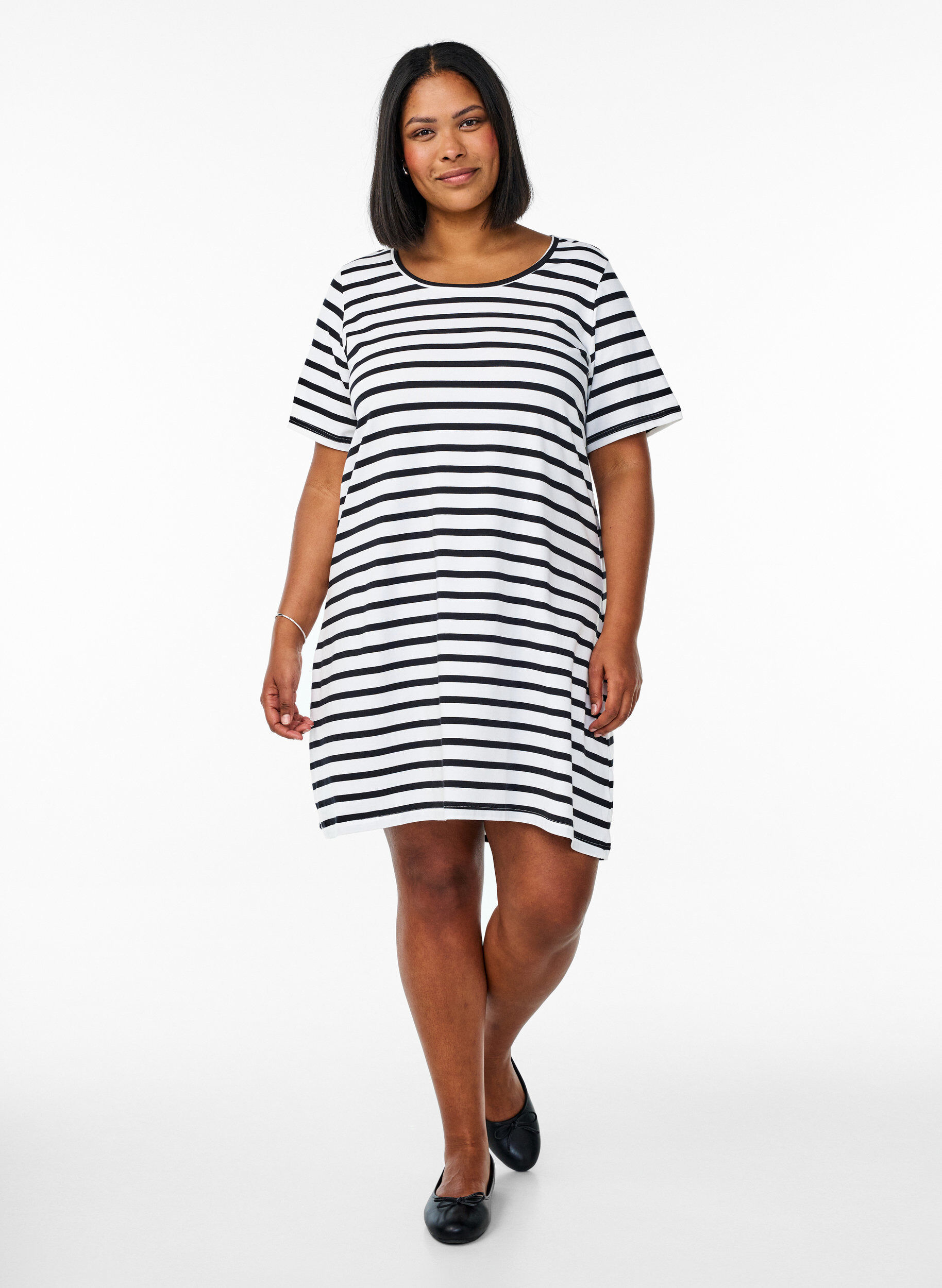Zizzifashion Striped jersey dress with short sleeves, Black, Model image number 1