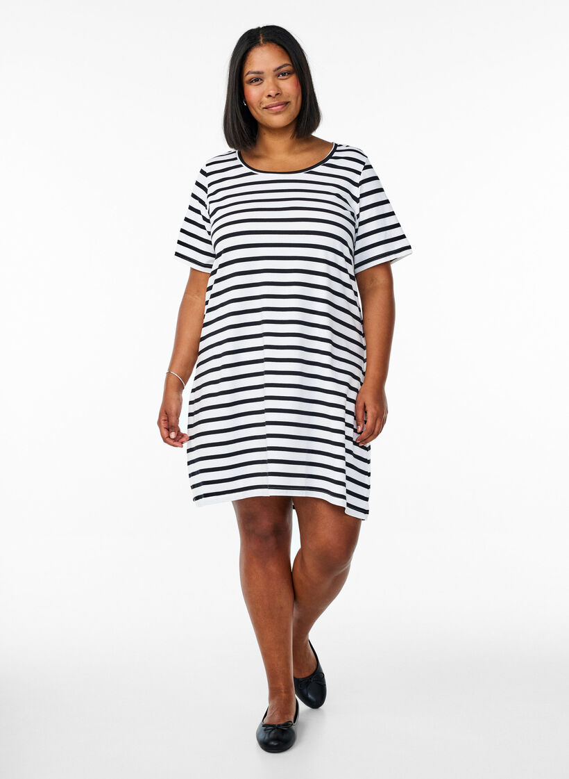 Striped jersey dress with short sleeves, Black, Model image number 1