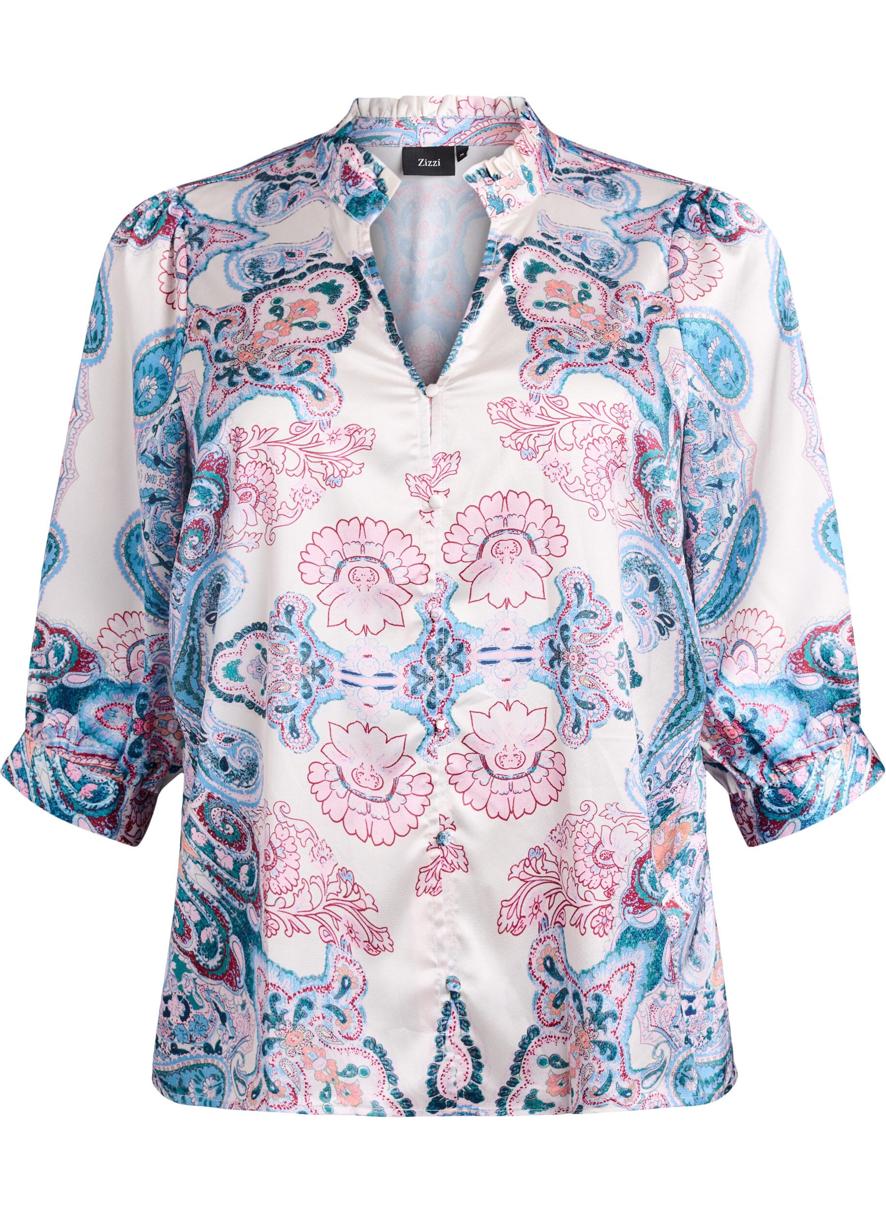 Zizzifashion Satin-look blouse with a paisley print and 3/4 sleeves, Blue, Packshot image number 0