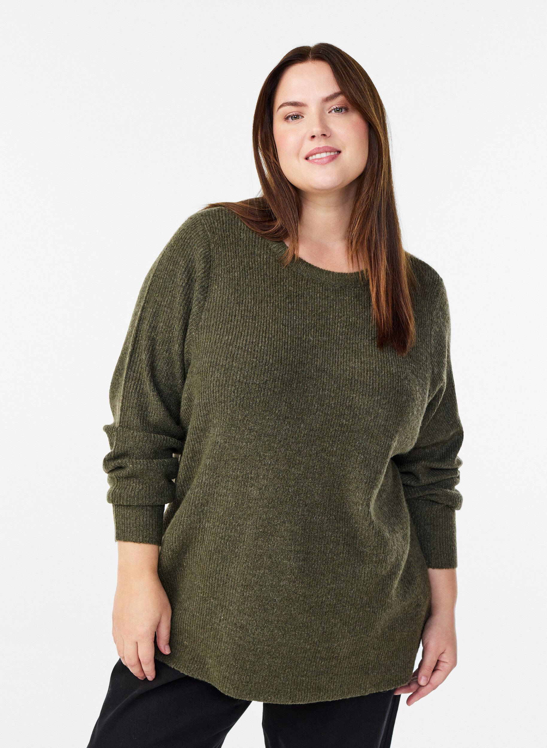 ZizzifashionMelange knit blouse with round neck, Green, Model image number 0