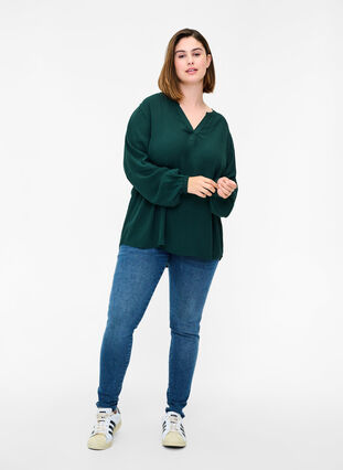 Long-sleeved viscose blouse with V-neck, Scarab, Model image number 2