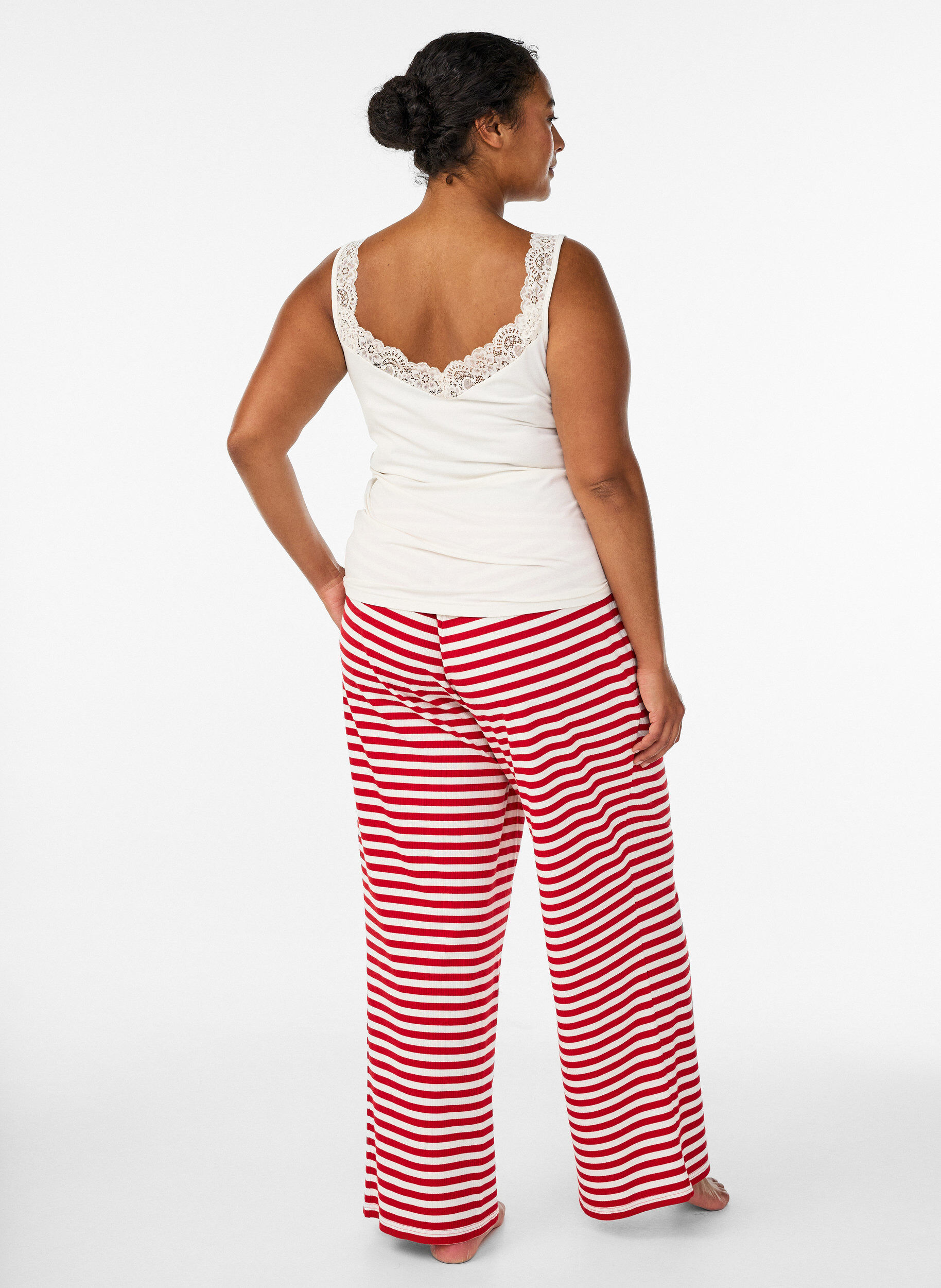 Zizzifashion Striped pyjama trousers with a high waist and wide legs, Red, Model image number 1