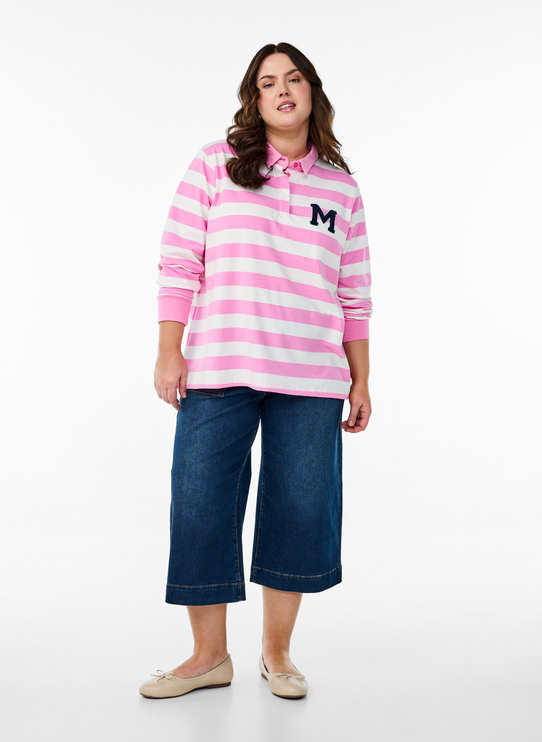 Zizzifashion Striped polo shirt with terry detailing, Bubblegum w. White, Model image number 2