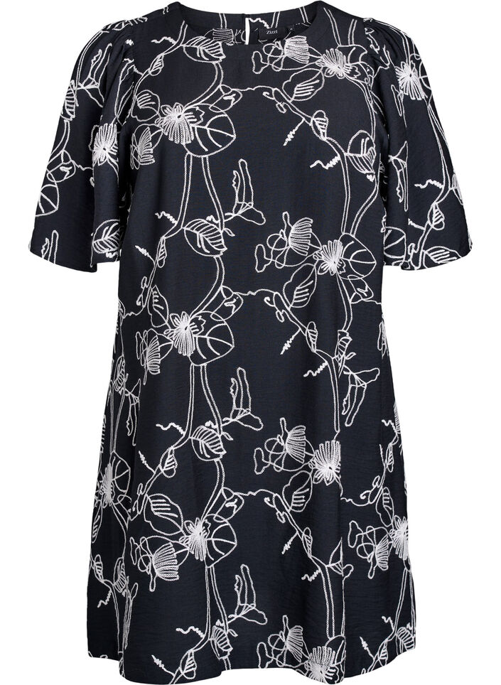 Short A-line dress with embroidered pattern, Black, Packshot image number 0