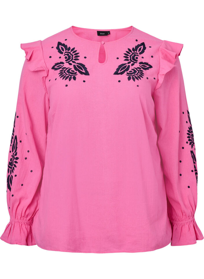 Cotton blouse with embroidery and ruffles, Pink, Packshot image number 0