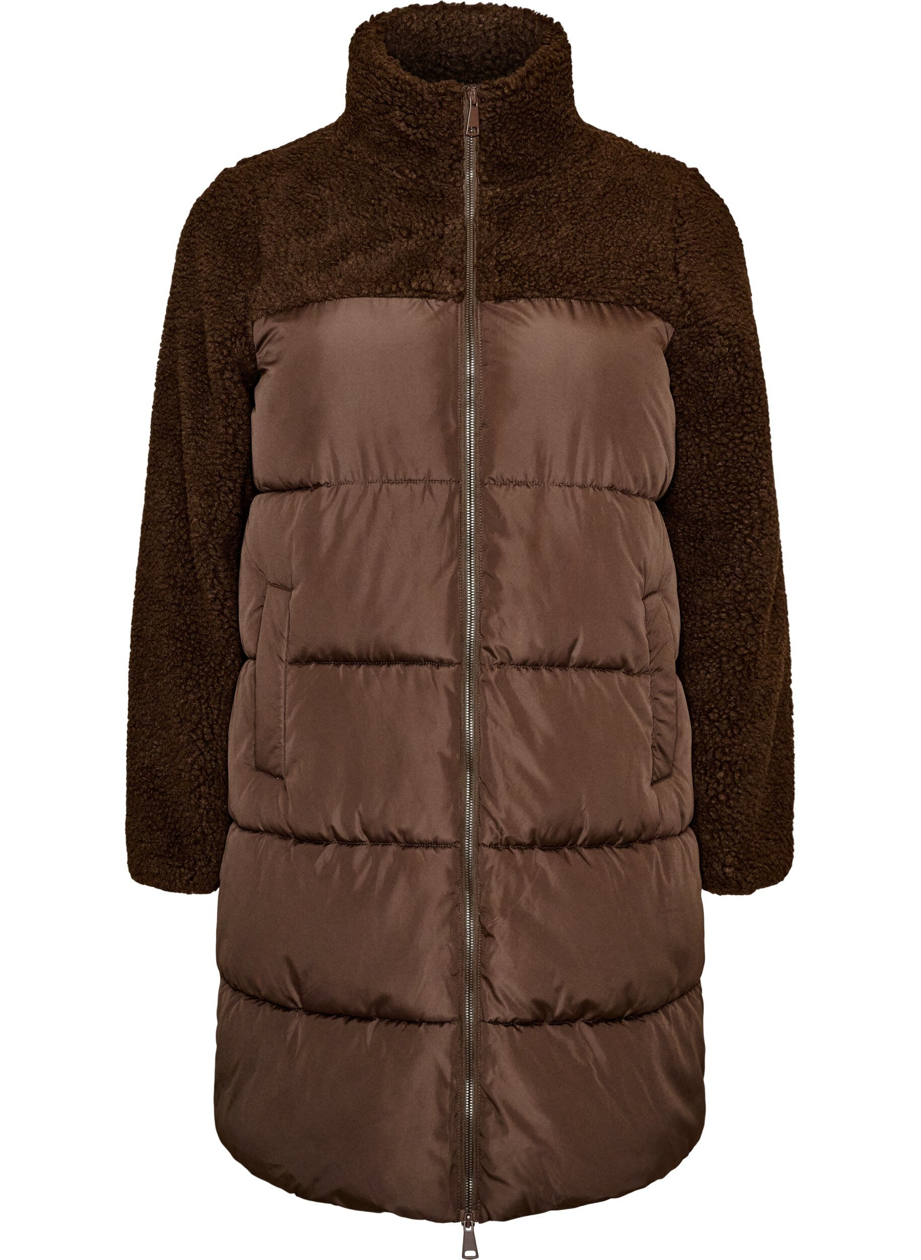 Mid-length puffer jacket with teddy fleece