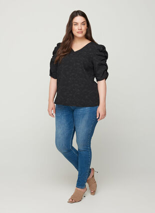 Textured puff sleeve blouse, Black, Model image number 3