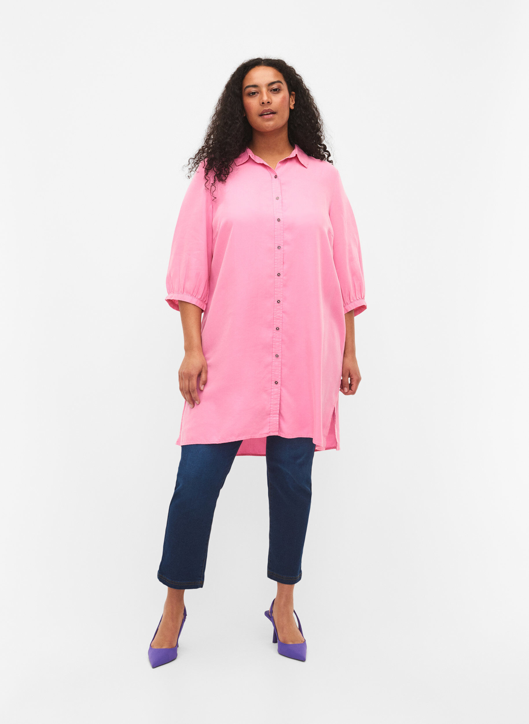 Zizzifashion 	 Long shirt with 3/4 sleeves in lyocell (TENCEL&trade;), Rosebloom, Model image number 2