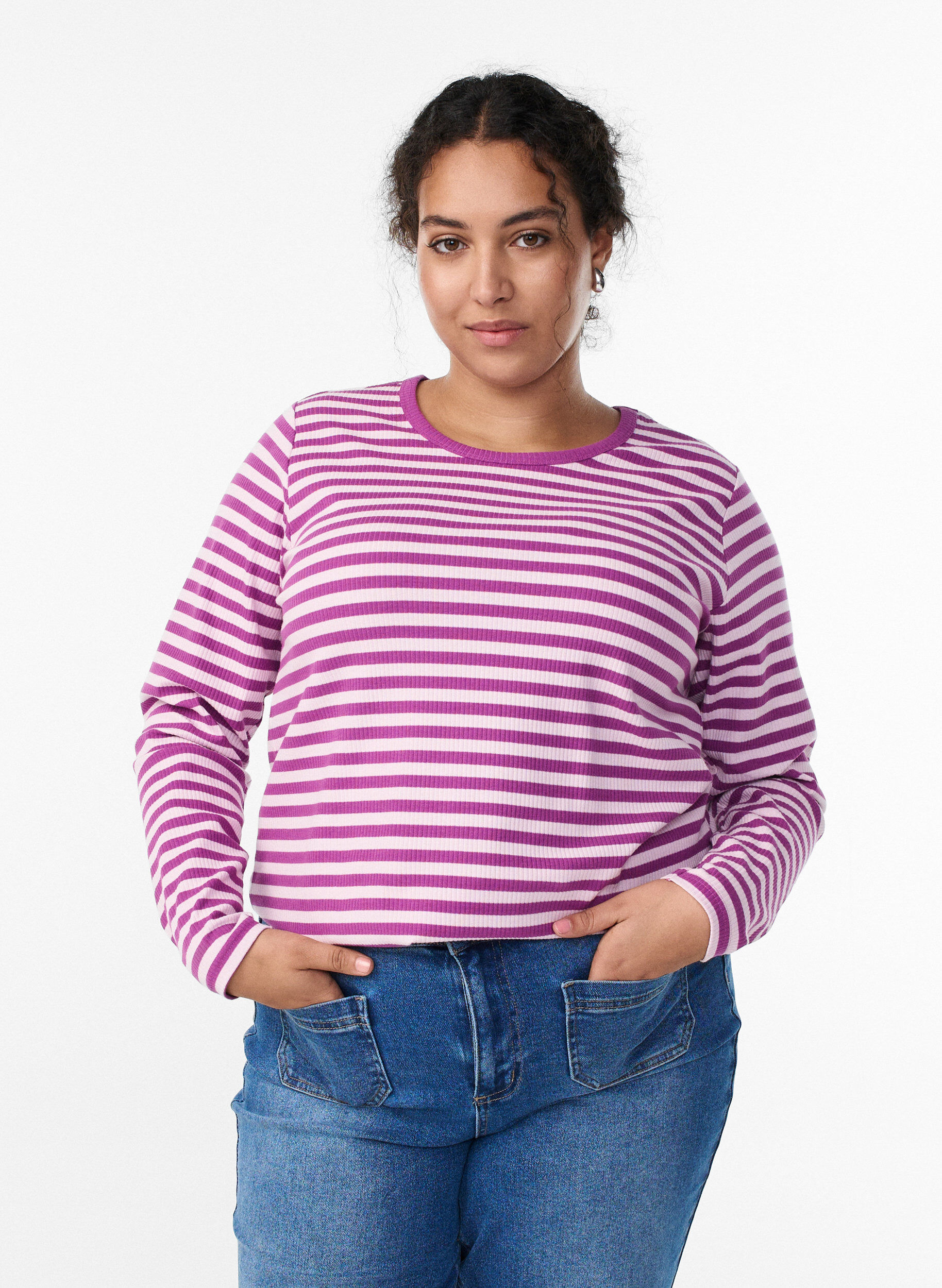 Striped blouse with long sleeves, Purple, Model