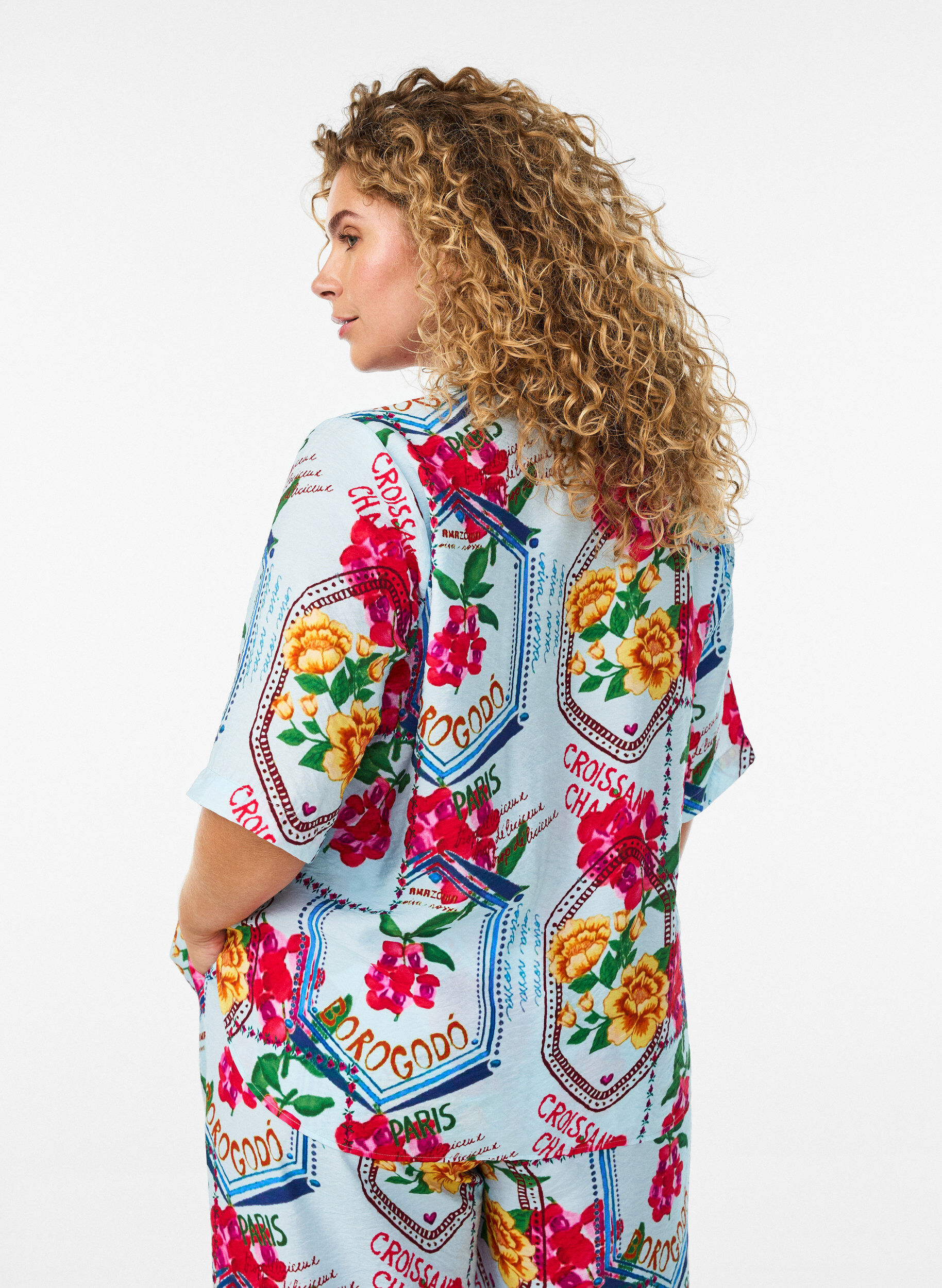 Zizzifashion Shirt blouse with elbow-length sleeves and colourful print, Light Blue, Model image number 2