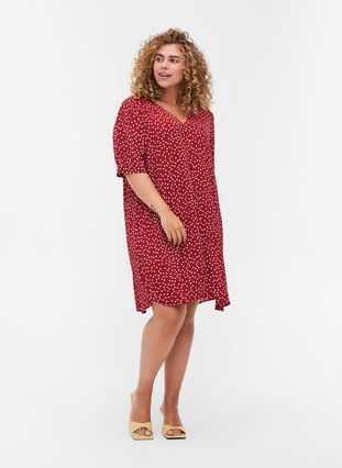 Short-sleeved viscose tunic, Red w. White Dot, Model image number 2