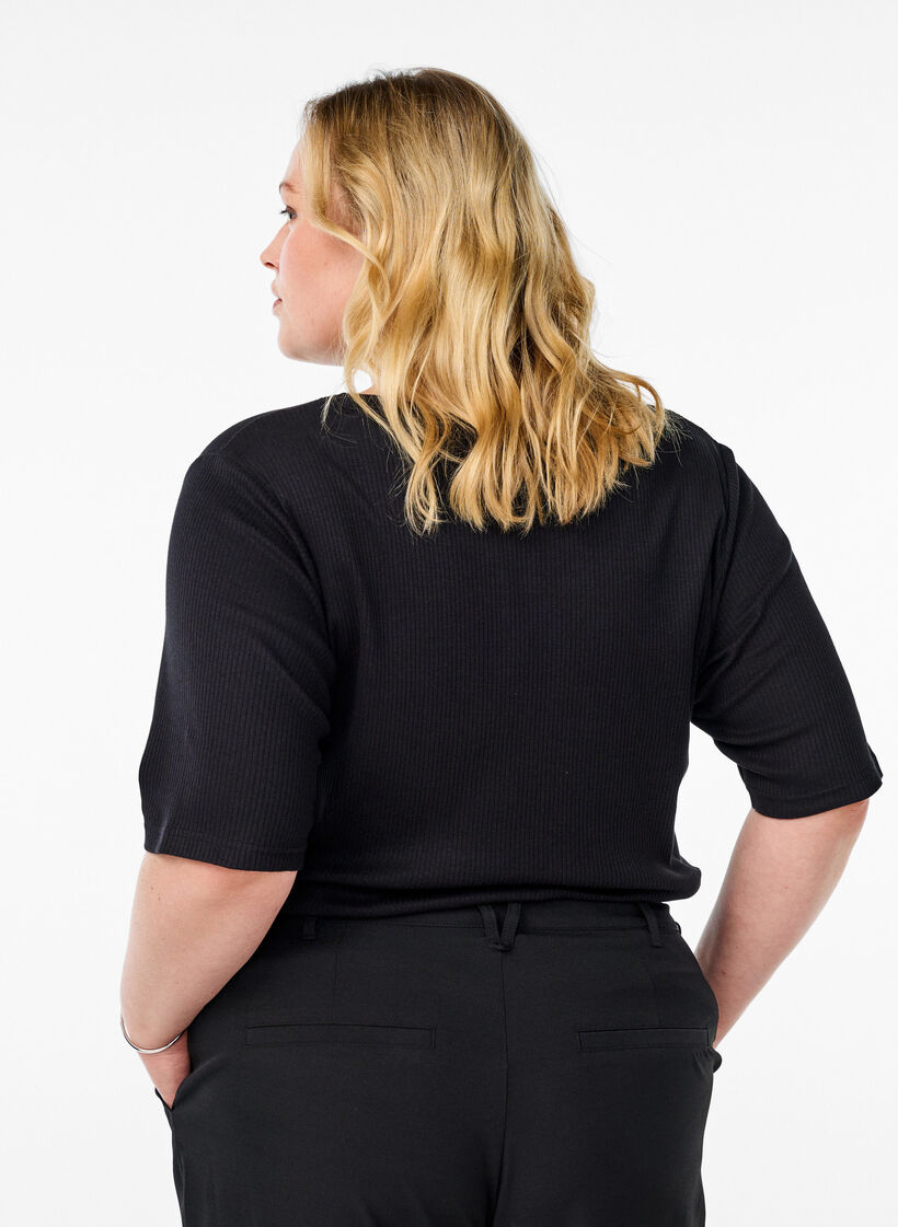 Ribbed jersey blouse with short sleeves, Black, Model image number 2