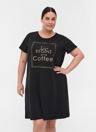 Short-sleeved nightdress in a cotton blend, Black, Model image number 0