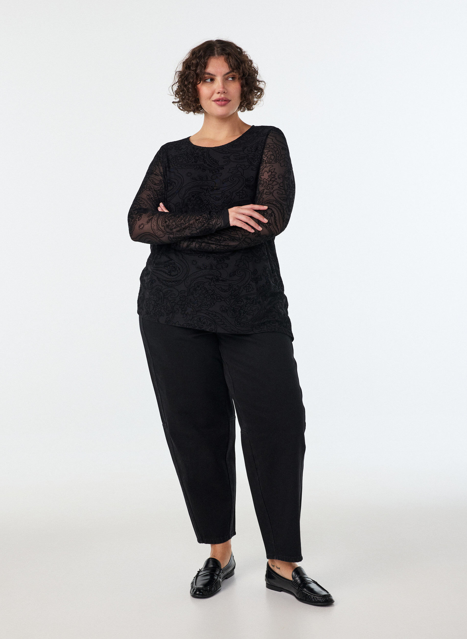 ZizzifashionMesh blouse with paisley print and asymmetrical hem, Black, Model image number 1