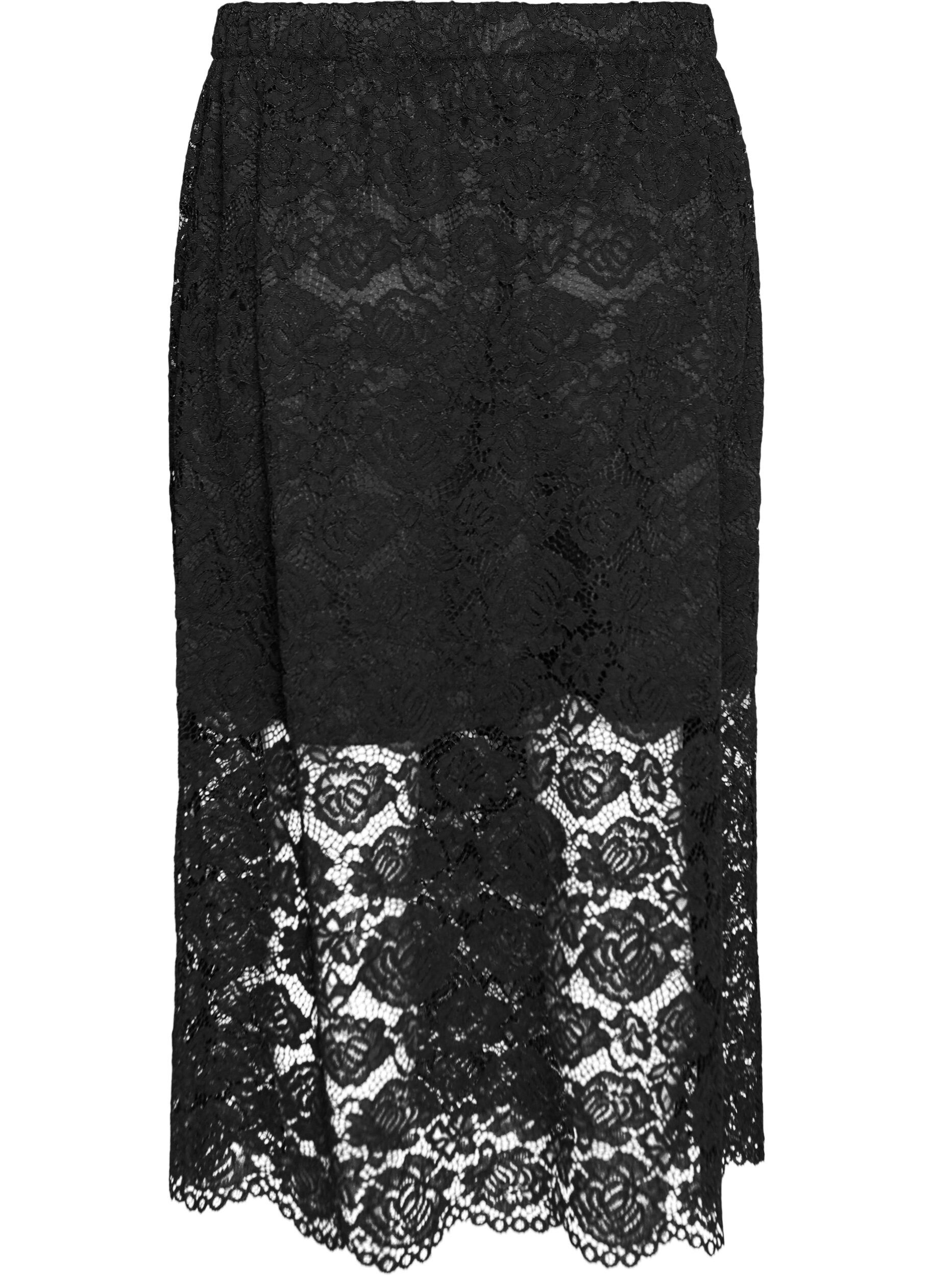 Zizzifashion Lace midi skirt with an elasticated waist, Black, Packshot image number 1