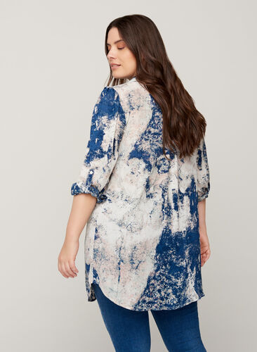 Printed shirt with puff sleeves, Twilight Blue AOP, Model image number 1