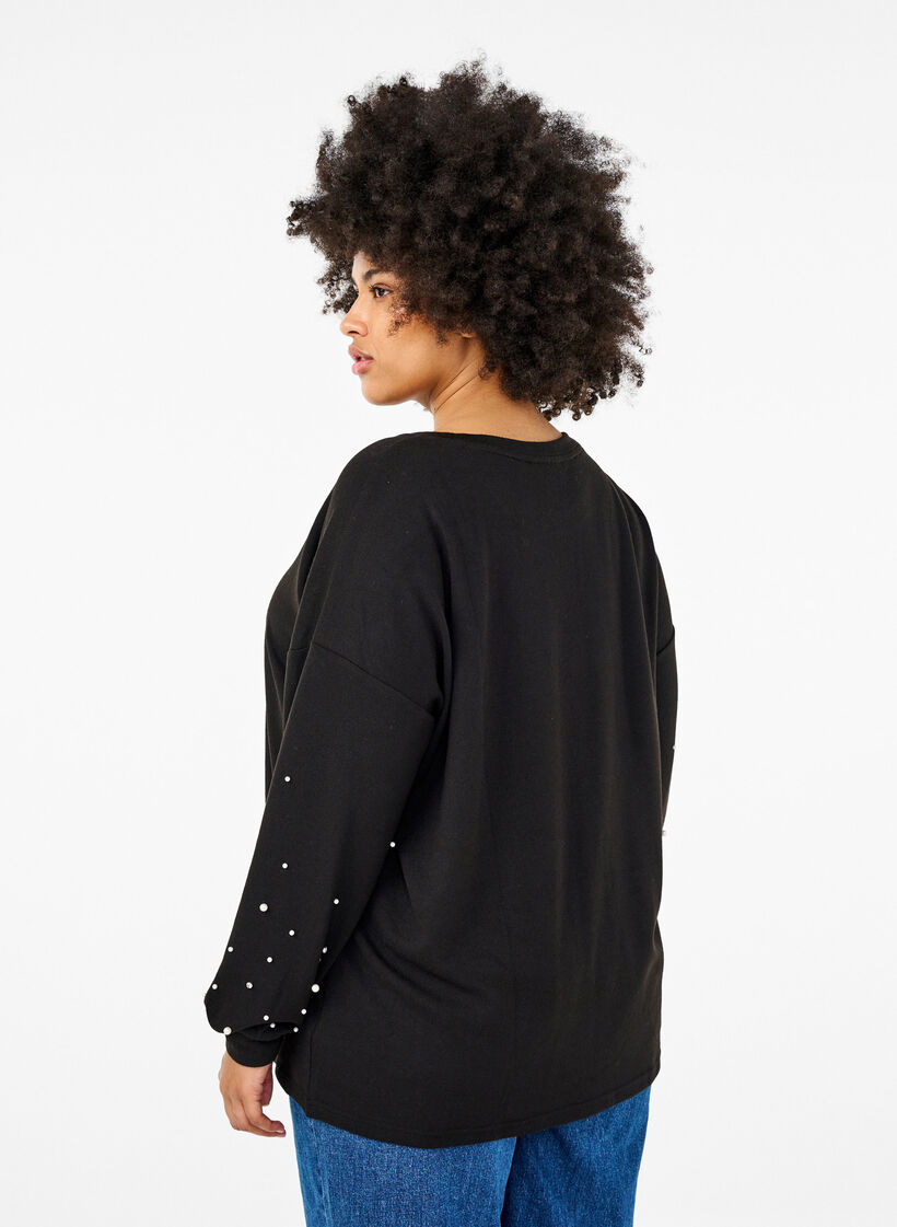 Solid coloured blouse with pearls, Black, Model image number 1