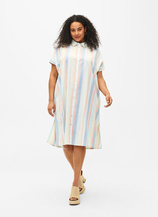 Long shirt in cotton blend with linen, Multi Color Stripe, Model image number 0