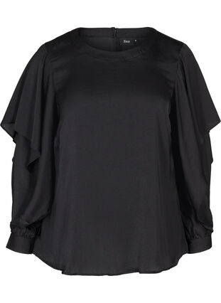 Long-sleeved blouse with a round neck, Black, Packshot image number 0