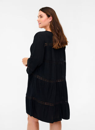 Viscose A-line dress with lace trim, Black, Model image number 1