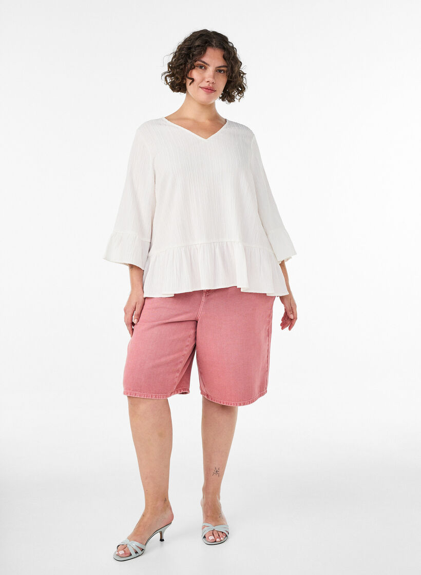 Blouse with texture, V-neck and ruffles, Vanilla, Model image number 1