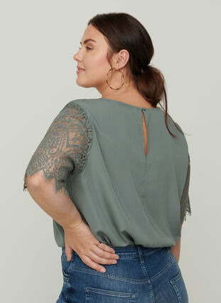 Blouse with short lace sleeves, Balsam Green, Model image number 1