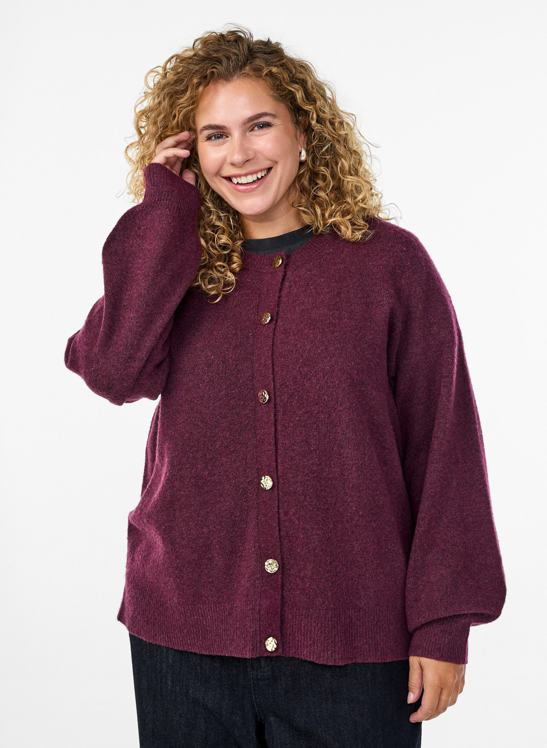 Zizzifashion Cardigan in soft knit with gold-coloured buttons, Dark Bordeaux, Model image number 0
