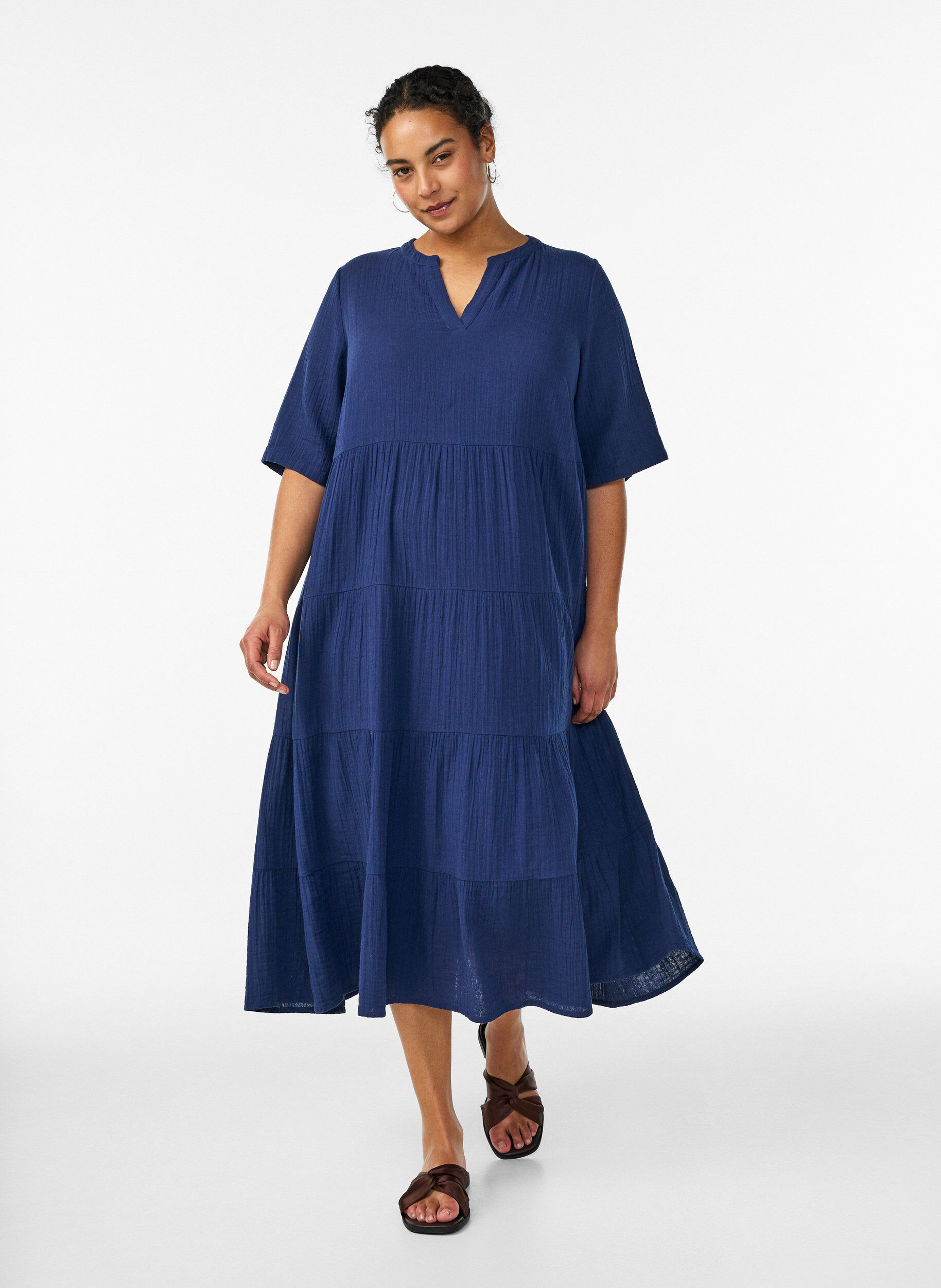 ZizzifashionA-line midi dress in cotton muslin, Blue, Model image number 0