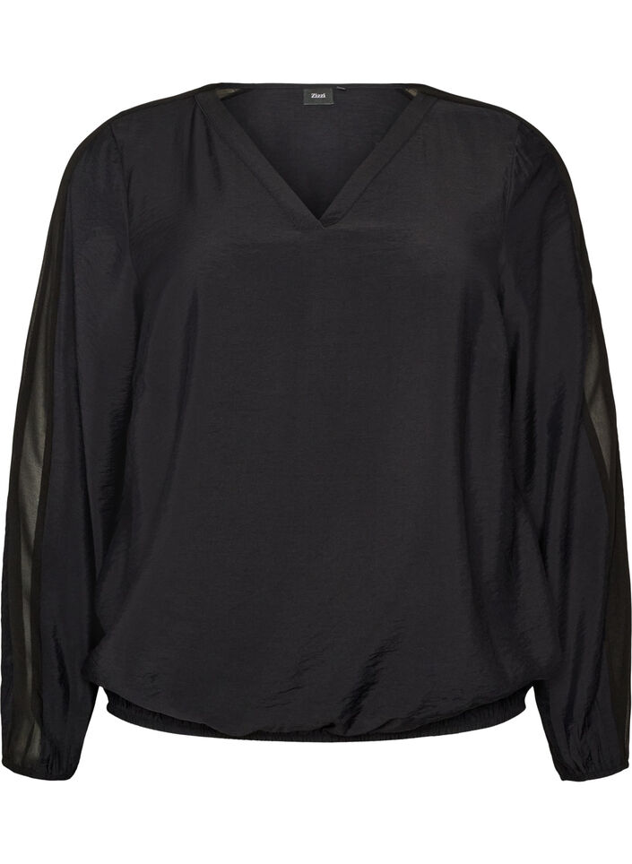 Blouse with balloon effect and chiffon details, Black, Packshot image number 0