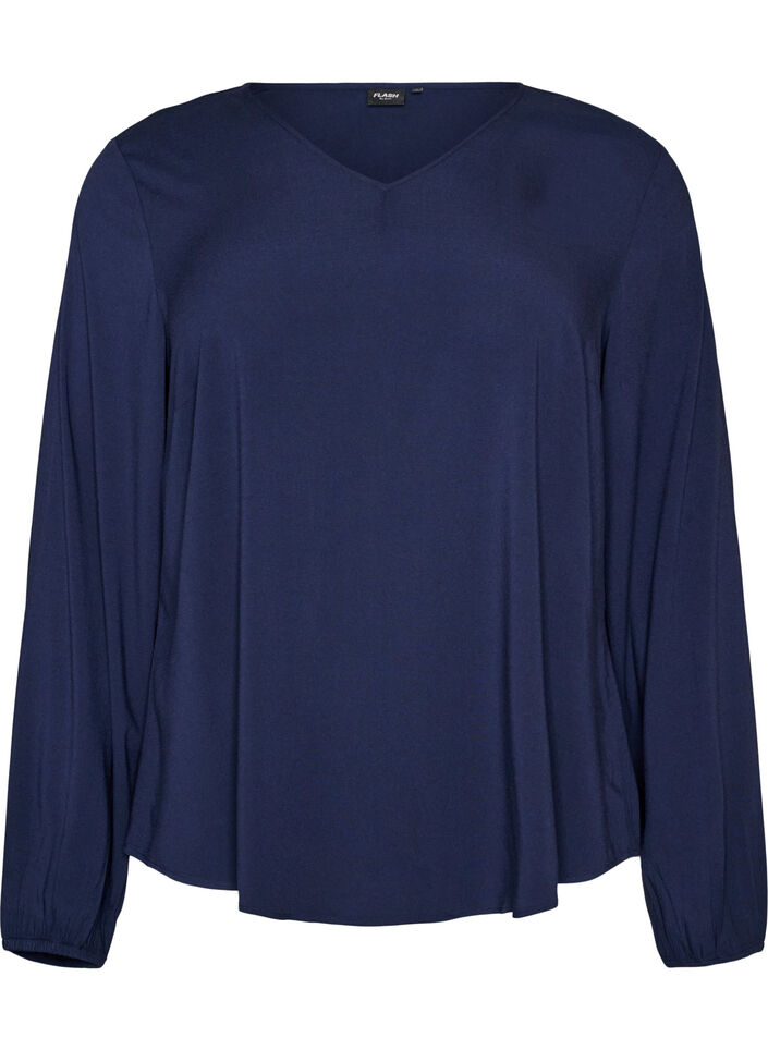 Viscose blouse with V-neck and rounded hem, Blue, Packshot image number 0