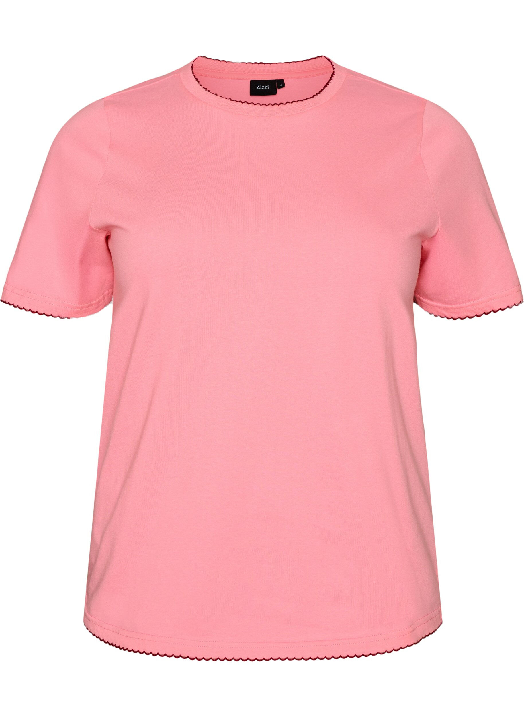 Zizzifashion Cotton T-shirt with wavy contrasting edges, Pink, Packshot image number 0