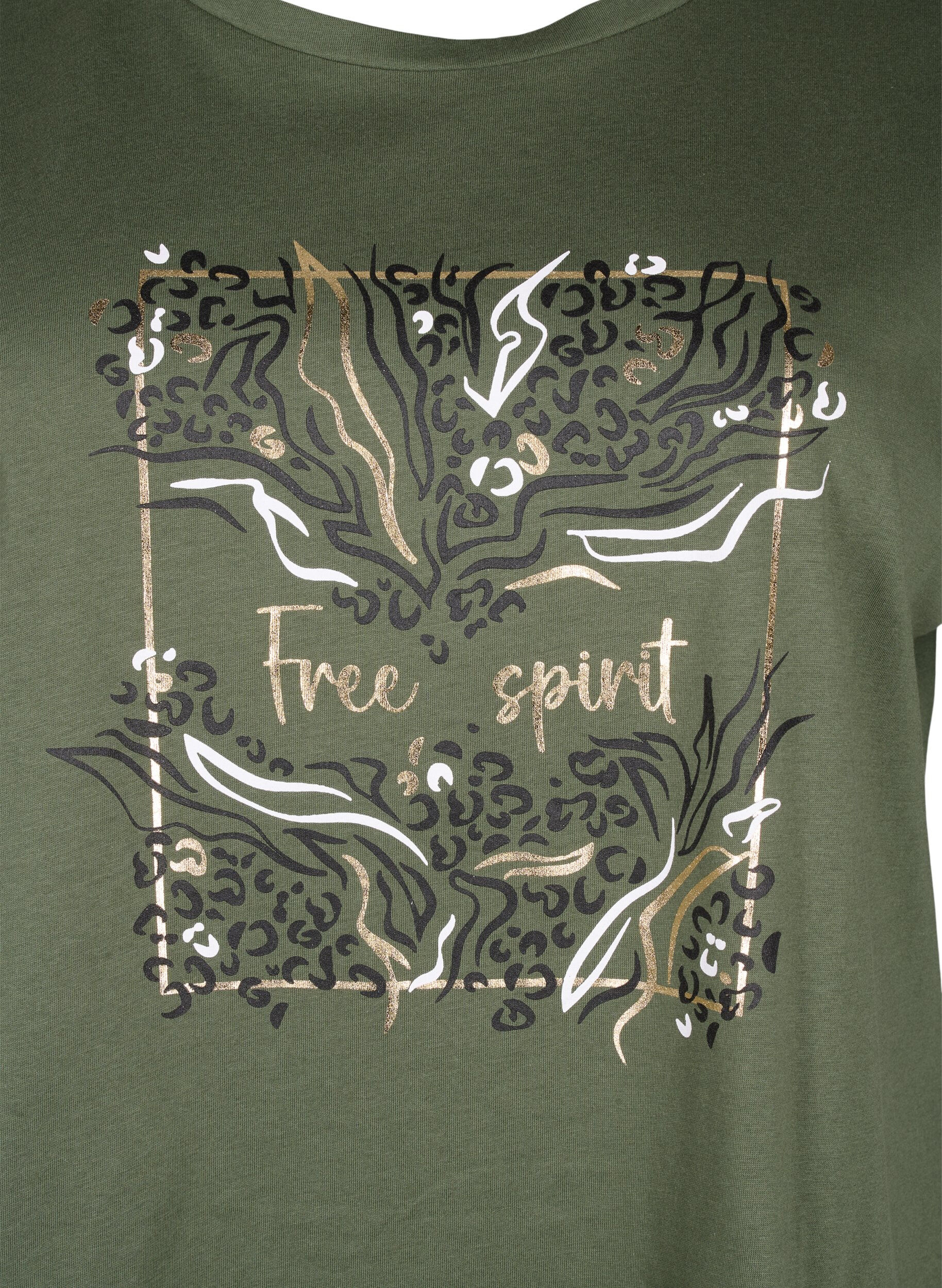 Zizzifashion Organic cotton T-shirt with gold print, Thyme W. Free, Packshot image number 2