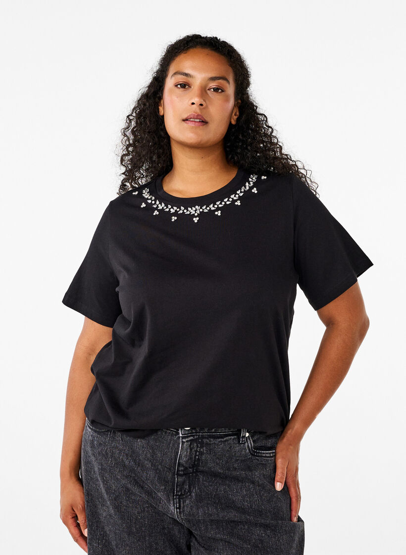 T-shirt with round neck and rhinestones, Black, Model image number 0