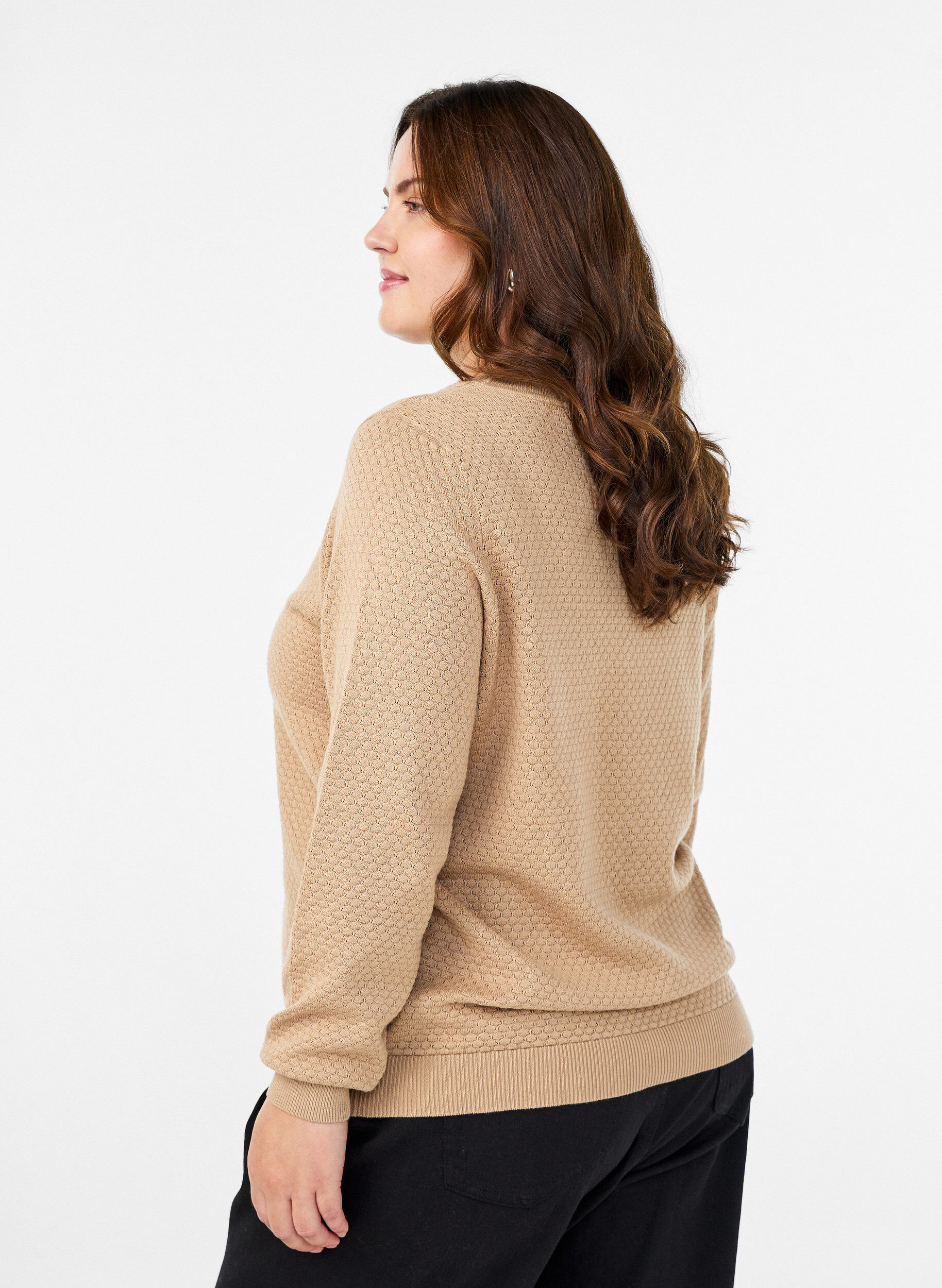 Zizzifashion Knit blouse in cotton with textured pattern, Beige, Model image number 2