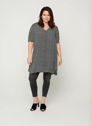 Short-sleeved viscose tunic with a graphic print, Graphic AOP, Model image number 2