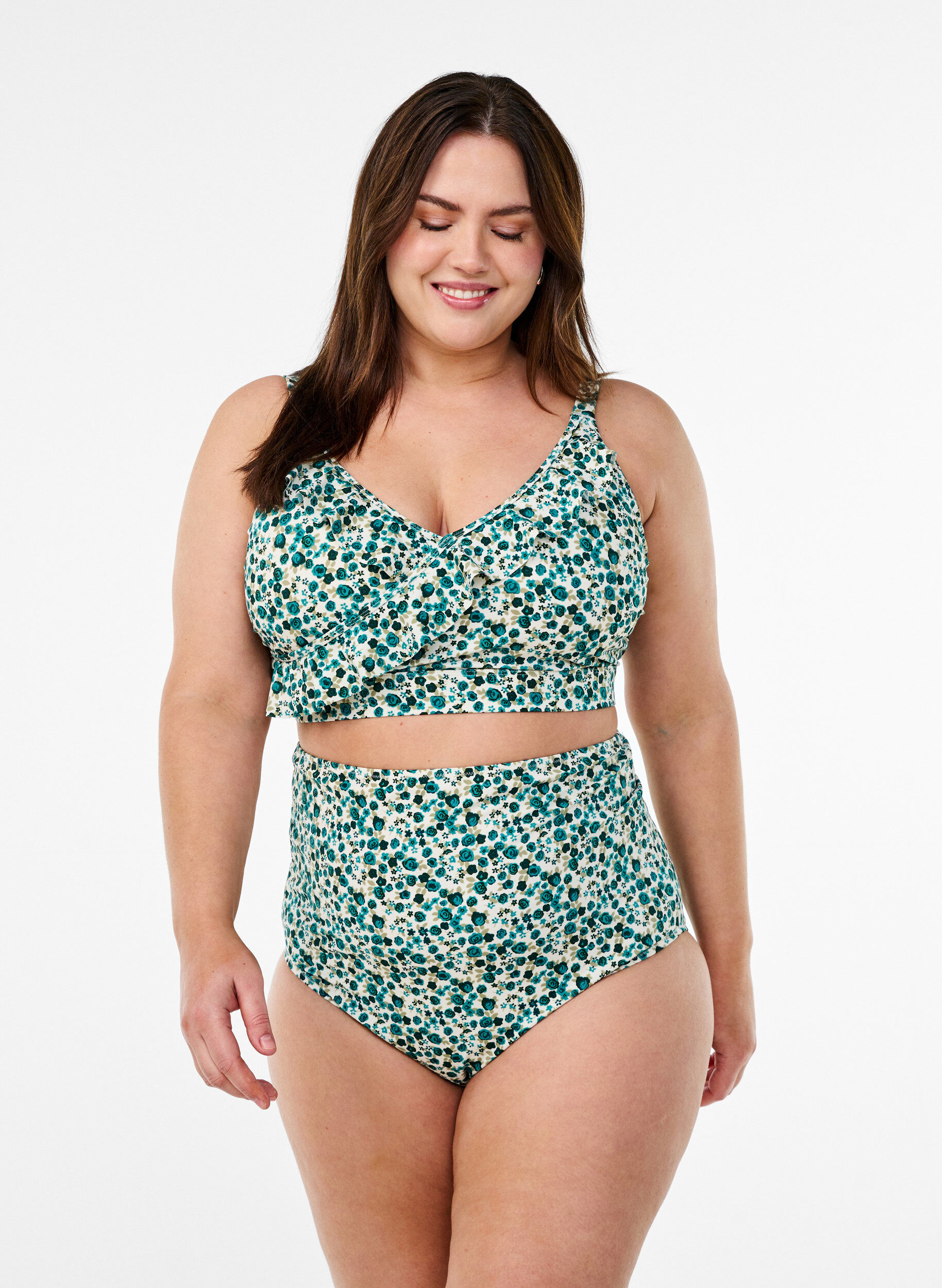 ZizzifashionFloral bikini top with ruffle details, Green, Model image number 1