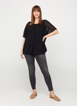 Short blouse with loose mesh sleeves, Black, Model image number 2